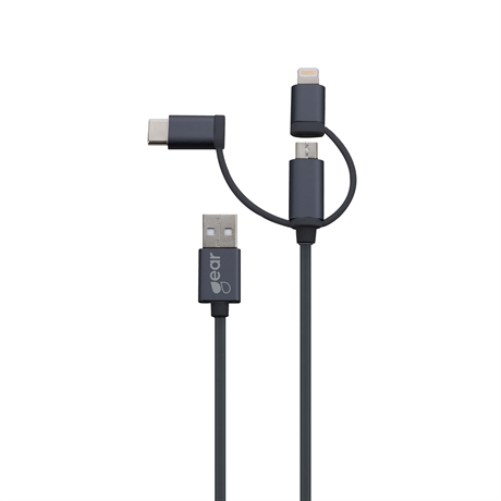 GEAR Laddkabel 3in1 Lightning USB-C Micro-USB 1.2m Svart MFI Aluminuim Hölje